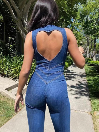 Sleeveless Zip Heart Cutout Denim Jumpsuit