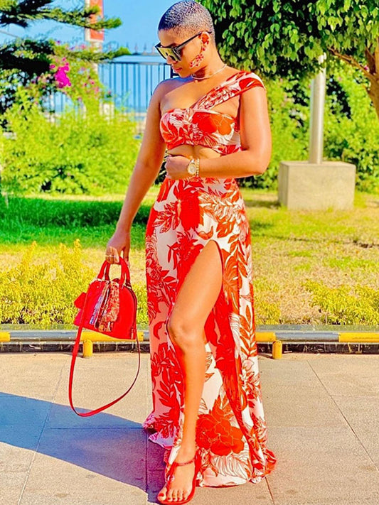 Two Piece Sleeveless Floral Crop Top Maxi Skirts