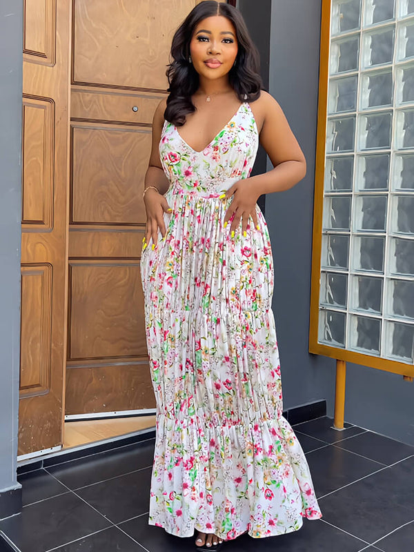 Spaghetti Strap Floral Print Backless Maxi Dress