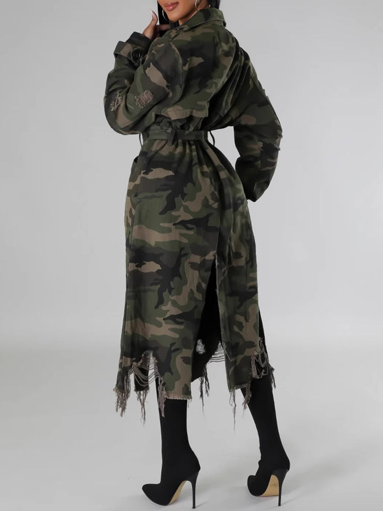 Distressed Camouflage Long Trench Coat