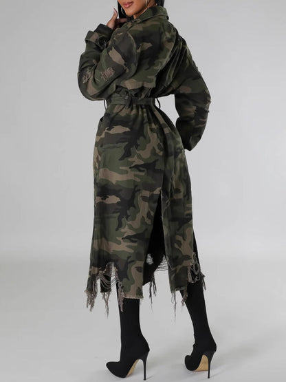 Distressed Camouflage Long Trench Coat