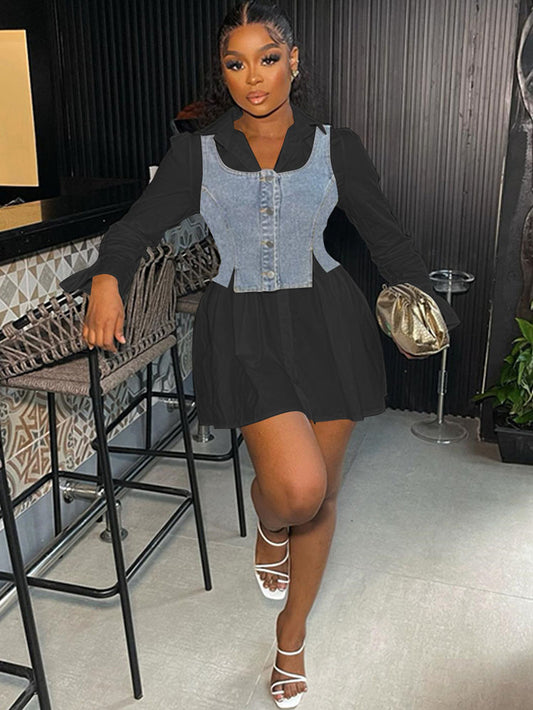 Denim Vest Flared Sleeve Mini Shirt Dress Set