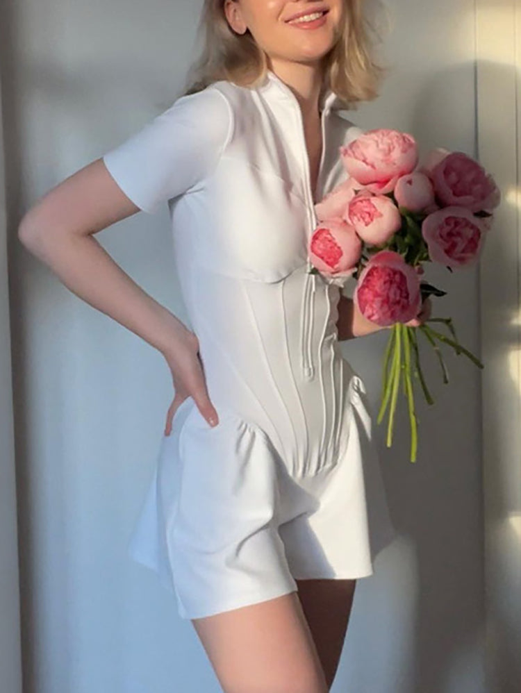 Short Sleeve Zip Front Rompers