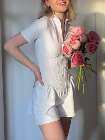 Short Sleeve Zip Front Rompers