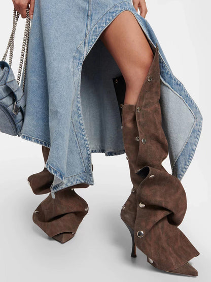 Studded Ruched Stacked Heel Long Boots