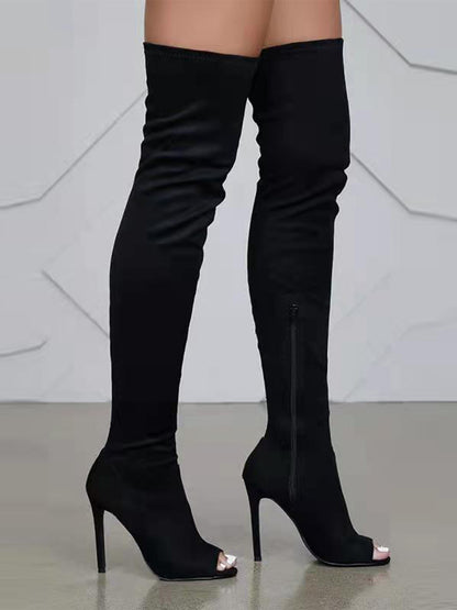 Open-Toe Side Zipper Suede Knee-High Boots