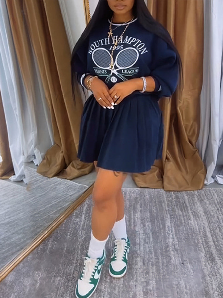 Vintage Tennis Print Sweatshirt Pleated Skirt Set
