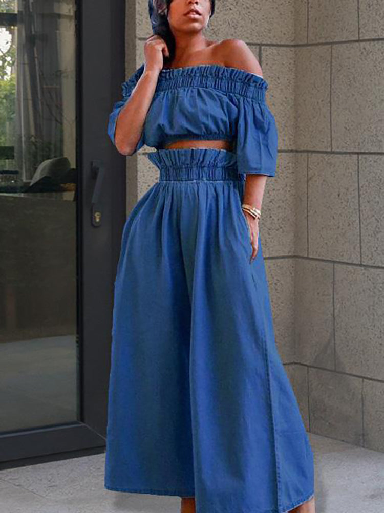 Off Shoulder Denim Top Wide Leg Pants Set