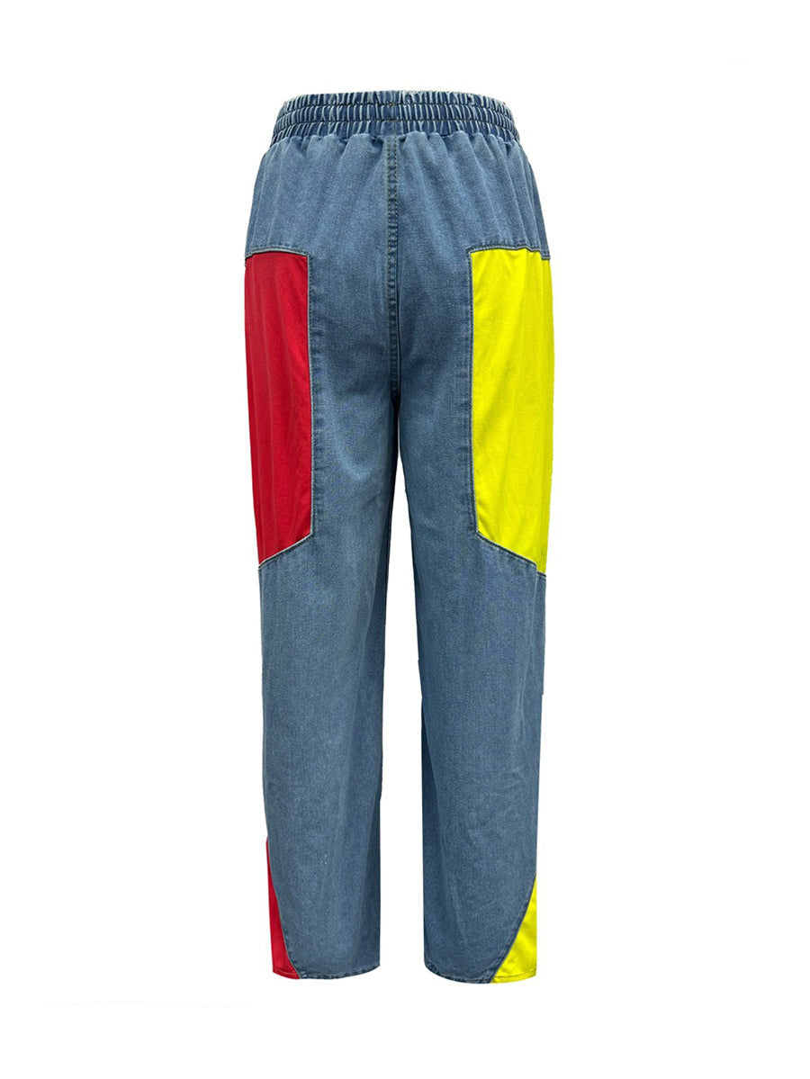 Drawstring High Waist Color Block Jeans