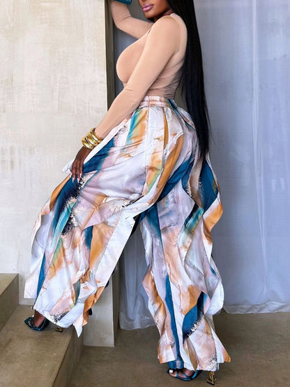 Geometric Printed Ruffle Trim Pants