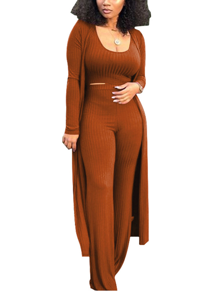 Three Pieces Set Crop Top Long Kimono Cardigan Pants