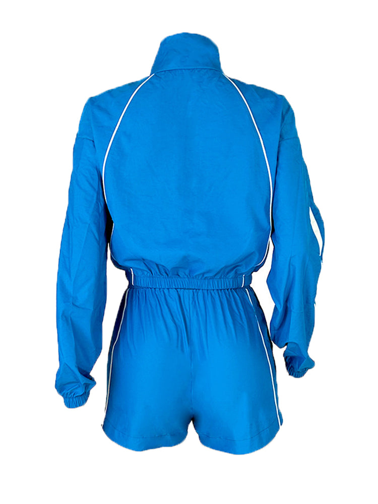 Zipper Colorblock Long Sleeve Shorts Set