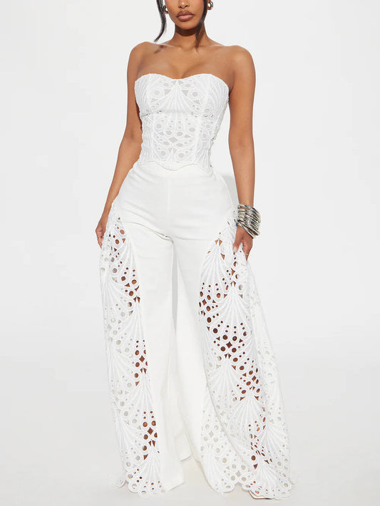 Lace Strapless Top Wide Leg Pants Set