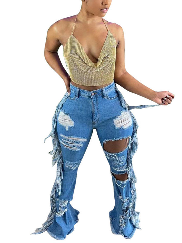 Distressed Fringe Wide-Leg Jeans