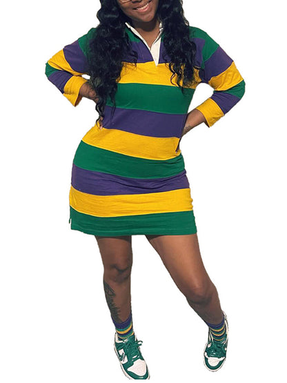 Striped Print Polo Collar 3/4 Sleeve Mini Dress