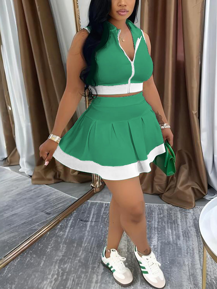 Sleeveless Zip-Up Crop Top Pleated Skirt Set