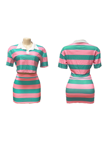 Striped Contrast Crop Top Skirt Set