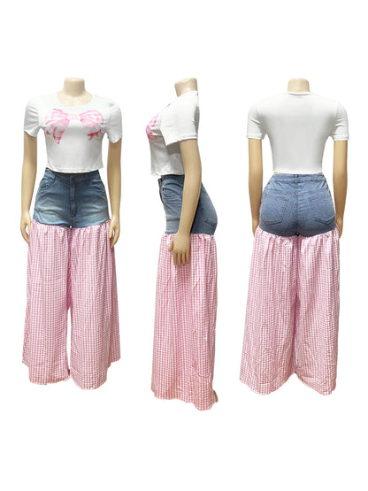 Bow Tie Print Top Denim Plaid Wide-Leg Pants Sets