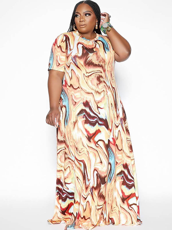 Short Sleeve Tie Dye Print Maxi Dress