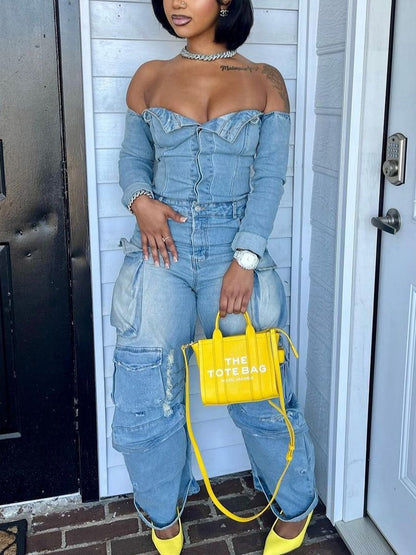 Off-Shoulder Pockets Denim Jumpsuit