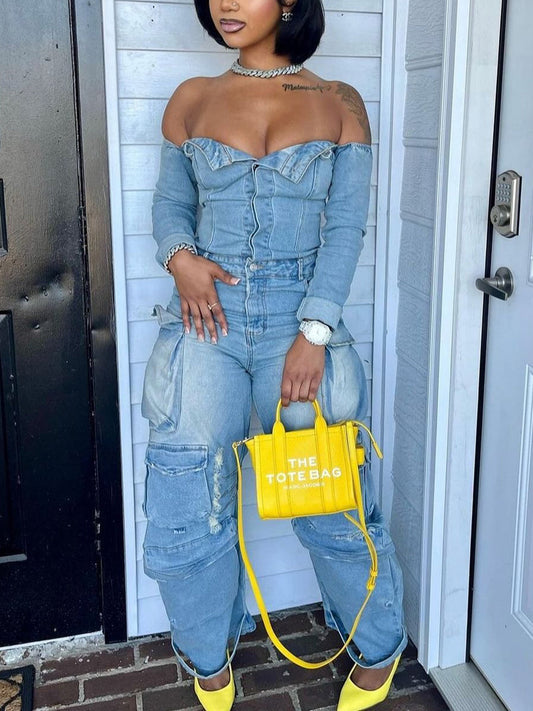 Off-Shoulder Pockets Denim Jumpsuit