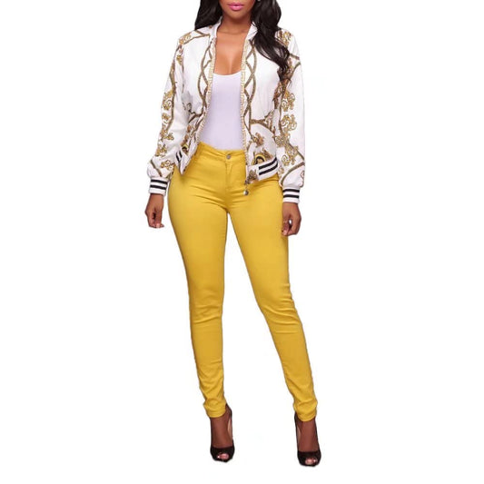 Gold Chain Print Short Bomber Jacket Coat