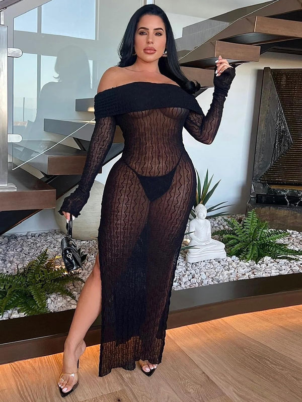 Off Shoulder Mesh Long Sleeve Dress