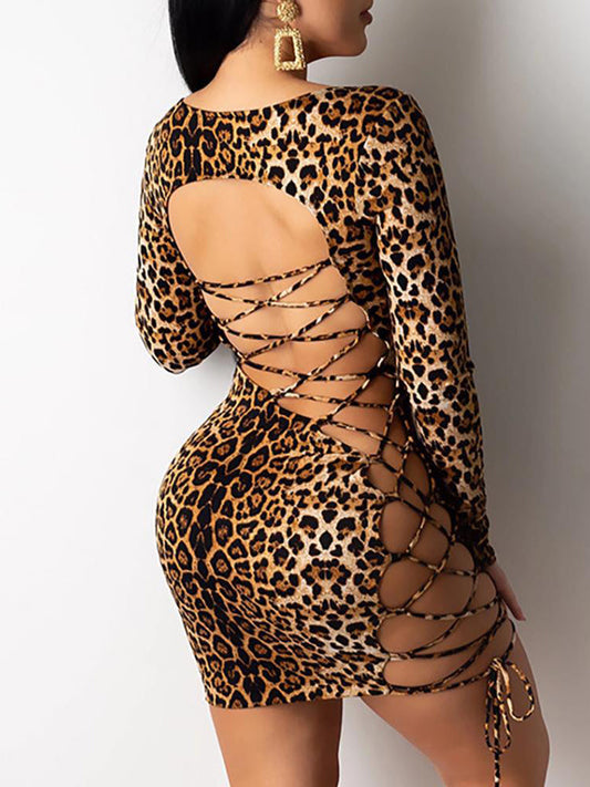 Leopard Lace-Up Backless Mini Dress