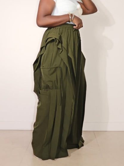 Ruffle Trim Drawstring Wide Leg Pants
