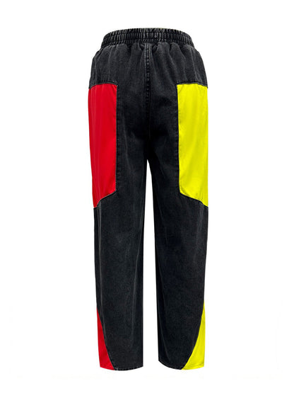 Drawstring High Waist Color Block Jeans