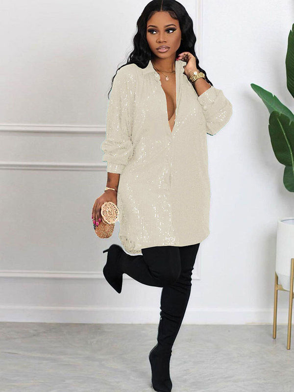 Glitter Sequins Long Sleeve Mini Shirt Dress