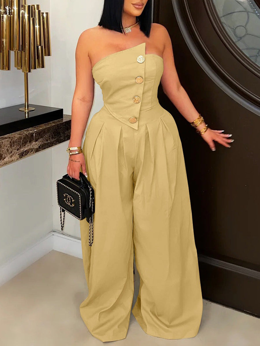 Strapless Button Wide-Leg Jumpsuit