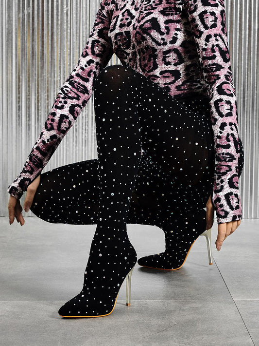 Rhinestone Stiletto Pointed Toe Pants Boots
