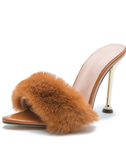 Faux Rabbit Fur Stiletto High Heel Sandals