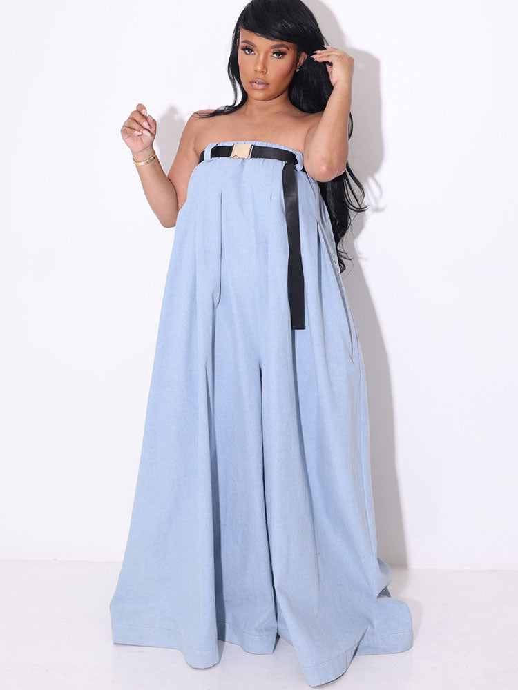 Strapless Tube Belted Wide Leg Jumpsuit