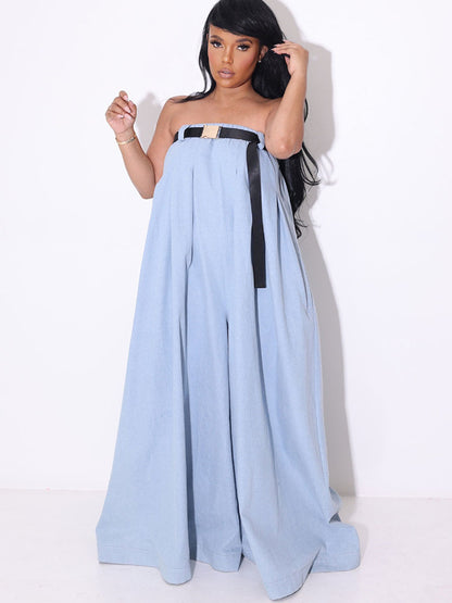 Strapless Tube Belted Wide Leg Jumpsuit