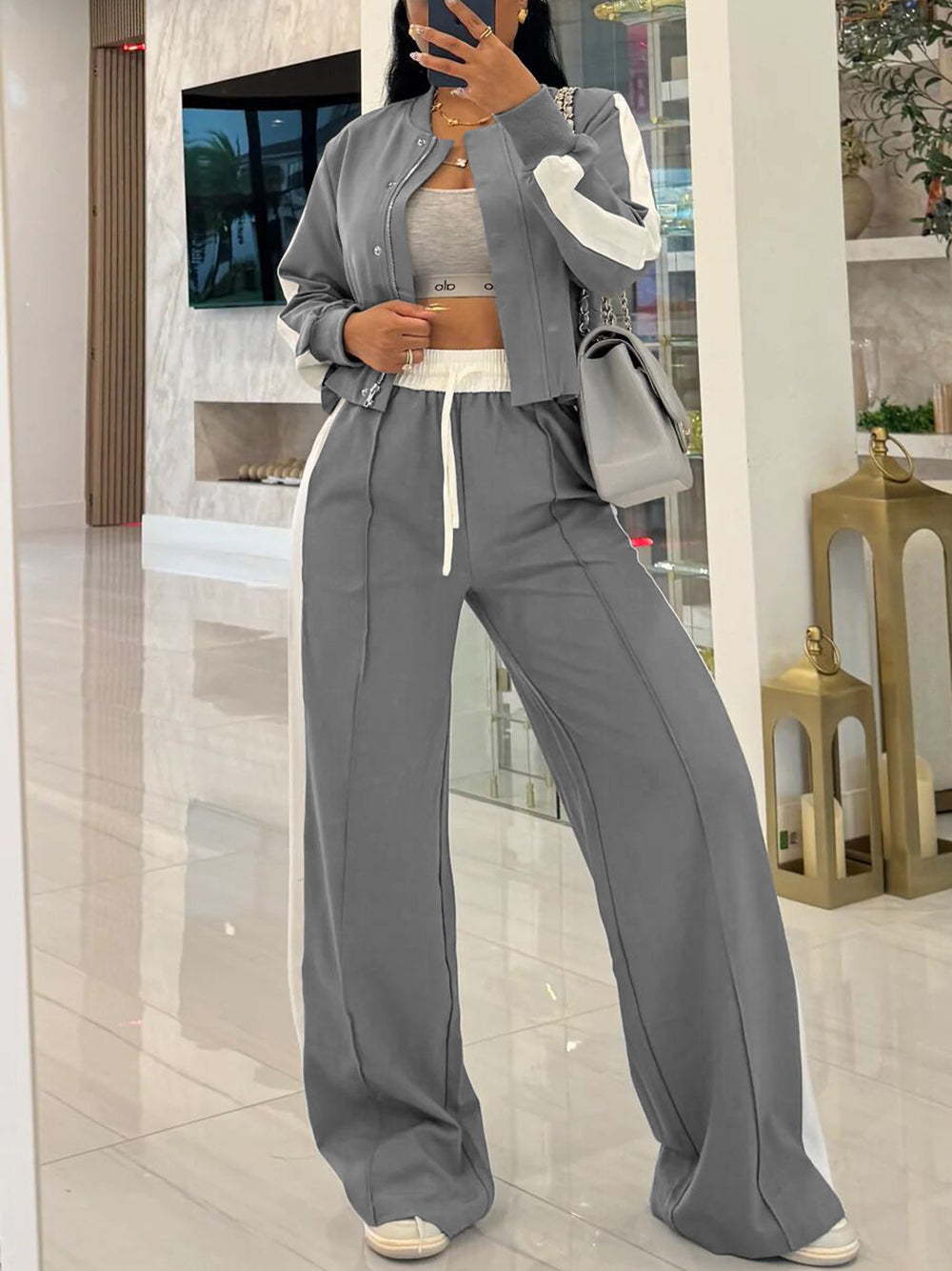 Sporty Jacket Wide Leg Pants Set
