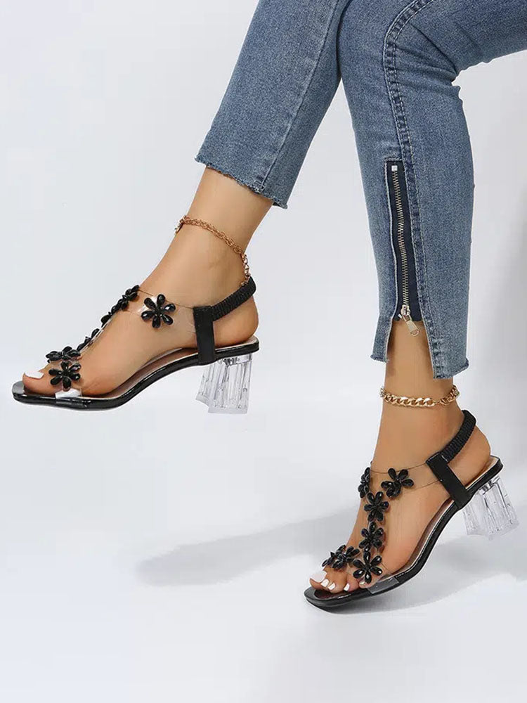 Rhinestone Patchwork Chunky Open Toe Heel
