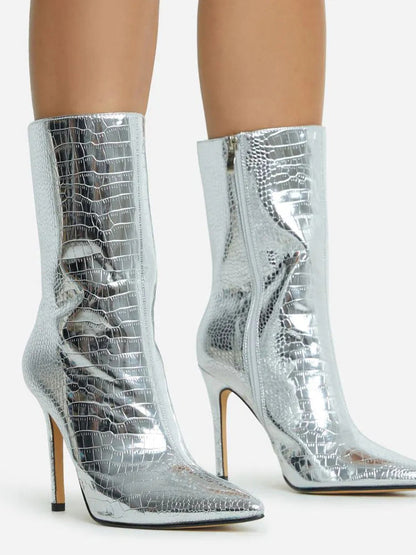 Metallic Pointed Toe Stiletto Ankle Boots