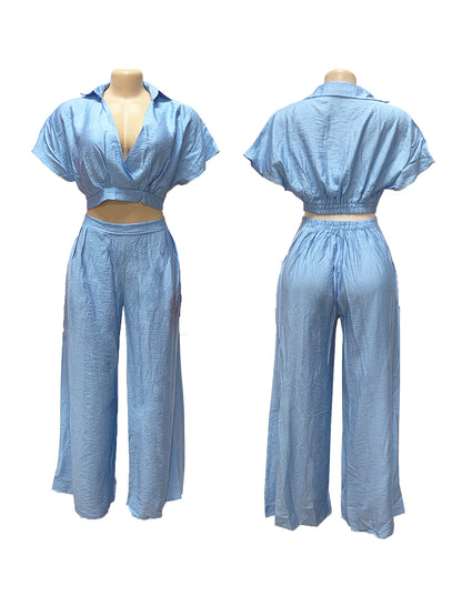 Solid Color Top Wide-Leg Pants Set