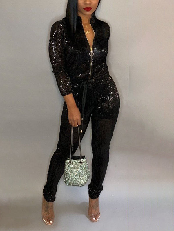 Long Sleeve Sequin Belted Jumpsuit