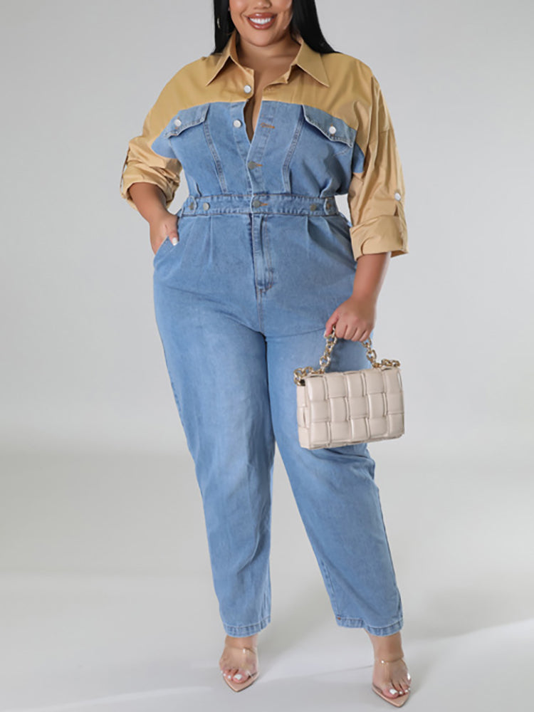 Plus Size Color Block Denim Jumpsuit