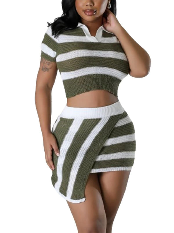 Two Piece Knit Crop Top Striped Mini Skirt