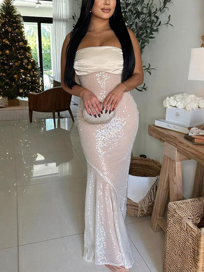 Strapless Bow Tie Back Sequin Maxi Dress