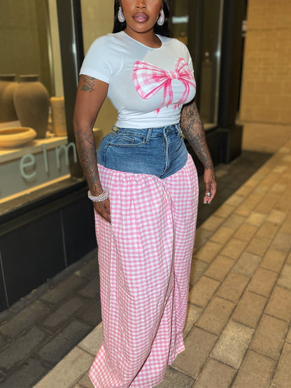 Bow Tie Print Top Denim Plaid Wide-Leg Pants Sets