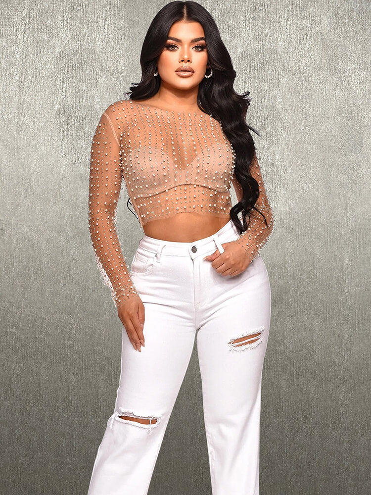 Long Sleeve Mesh Rhinestone Crop Top