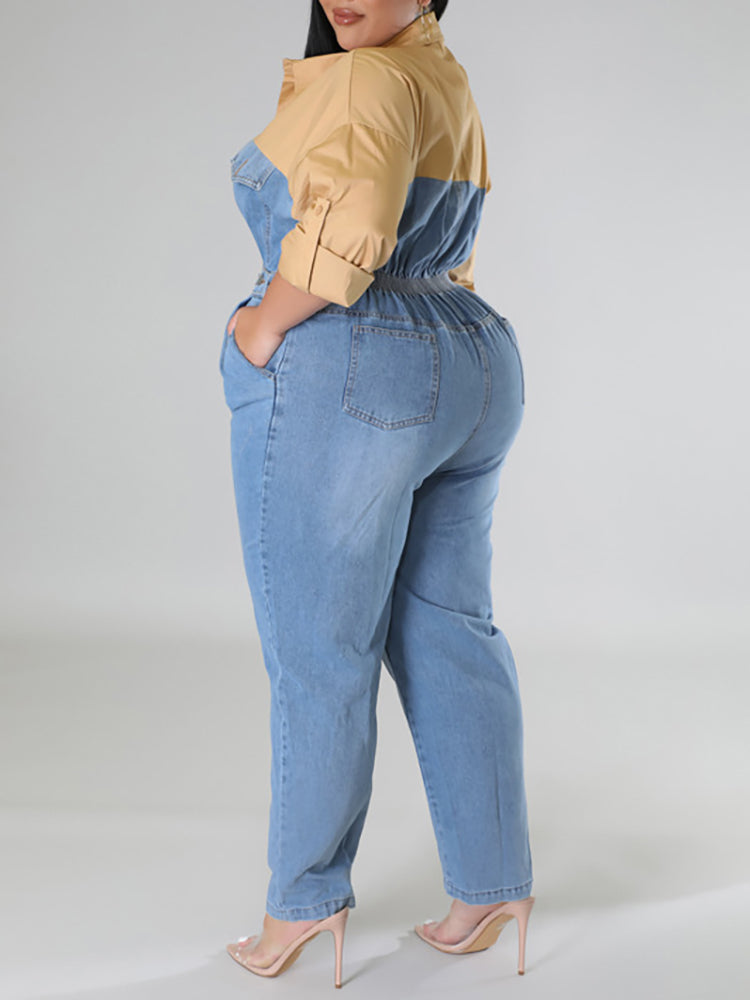 Plus Size Color Block Denim Jumpsuit