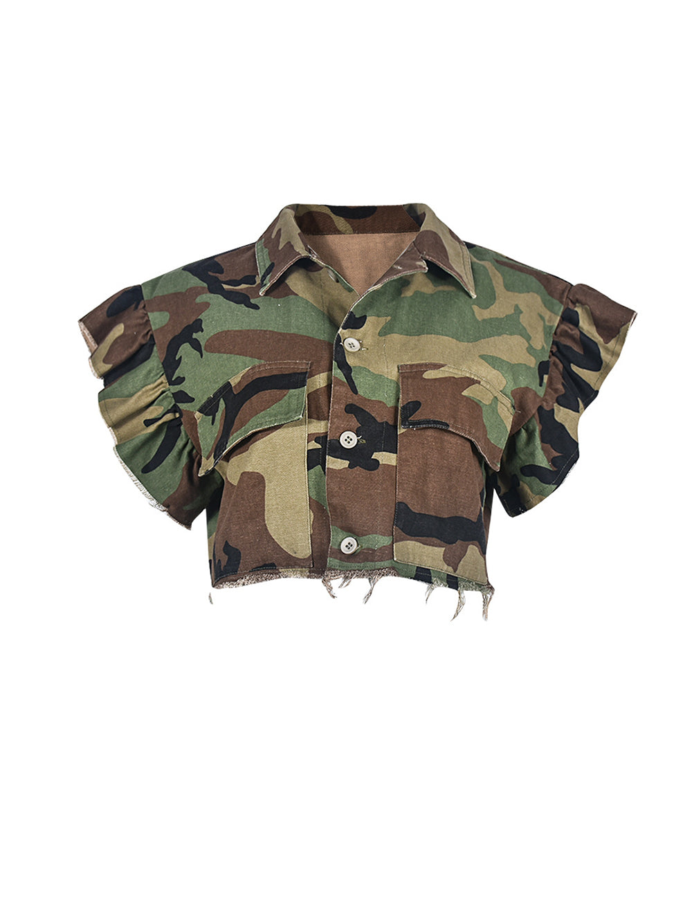 Camo Ruffle Sleeve Crop Utility Jacket