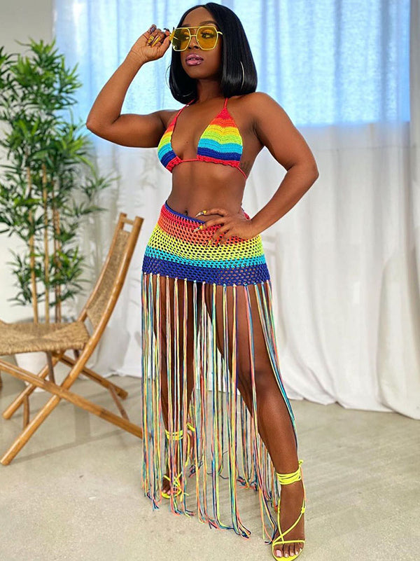 Two Piece Rainbow Tassels Skirt Swimsuit