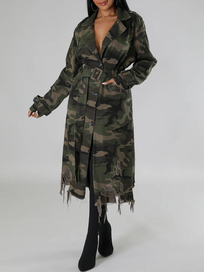 Distressed Camouflage Long Trench Coat